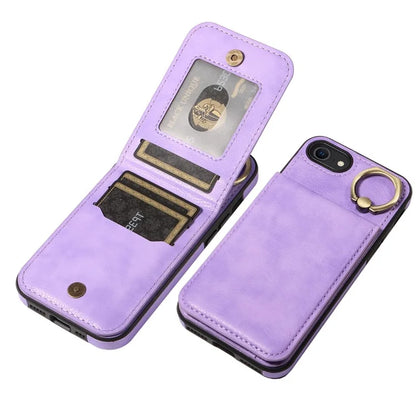 004 For iPhone SE (2022) / SE (2020) / iPhone 8 / 7 Case Leather+TPU Phone Cover with Card Holder and Ring Kickstand