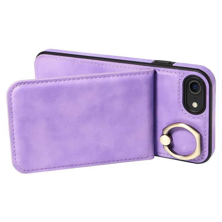 004 For iPhone SE (2022) / SE (2020) / iPhone 8 / 7 Case Leather+TPU Phone Cover with Card Holder and Ring Kickstand