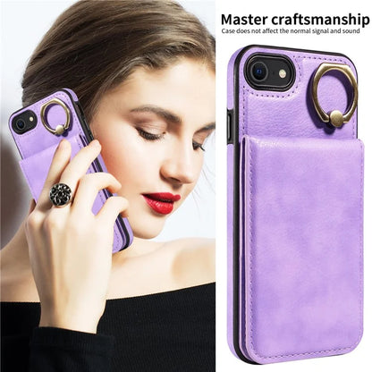 004 For iPhone SE (2022) / SE (2020) / iPhone 8 / 7 Case Leather+TPU Phone Cover with Card Holder and Ring Kickstand