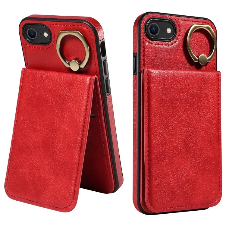 004 For iPhone SE (2022) / SE (2020) / iPhone 8 / 7 Case Leather+TPU Phone Cover with Card Holder and Ring Kickstand