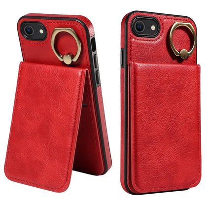 004 For iPhone SE (2022) / SE (2020) / iPhone 8 / 7 Case Leather+TPU Phone Cover with Card Holder and Ring Kickstand