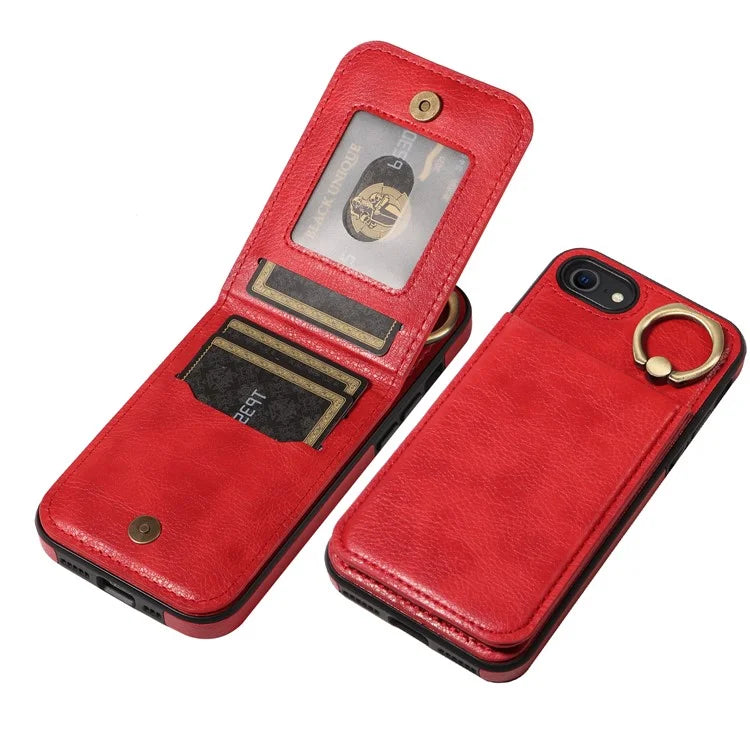 004 For iPhone SE (2022) / SE (2020) / iPhone 8 / 7 Case Leather+TPU Phone Cover with Card Holder and Ring Kickstand