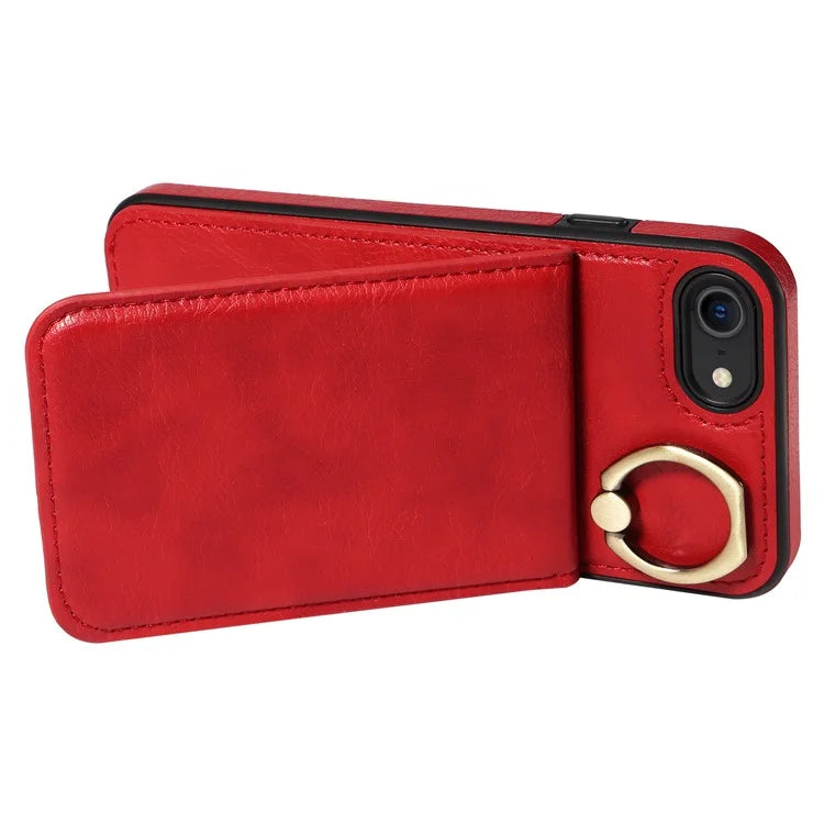 004 For iPhone SE (2022) / SE (2020) / iPhone 8 / 7 Case Leather+TPU Phone Cover with Card Holder and Ring Kickstand