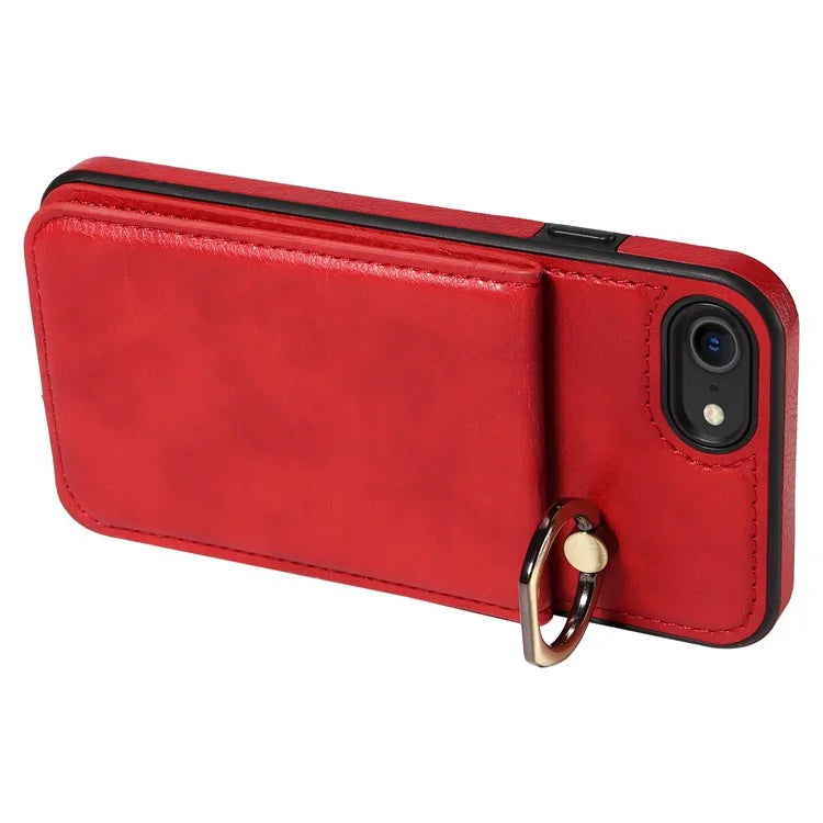 004 For iPhone SE (2022) / SE (2020) / iPhone 8 / 7 Case Leather+TPU Phone Cover with Card Holder and Ring Kickstand