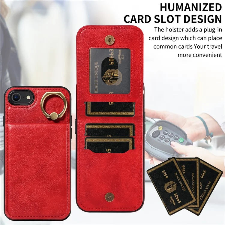 004 For iPhone SE (2022) / SE (2020) / iPhone 8 / 7 Case Leather+TPU Phone Cover with Card Holder and Ring Kickstand