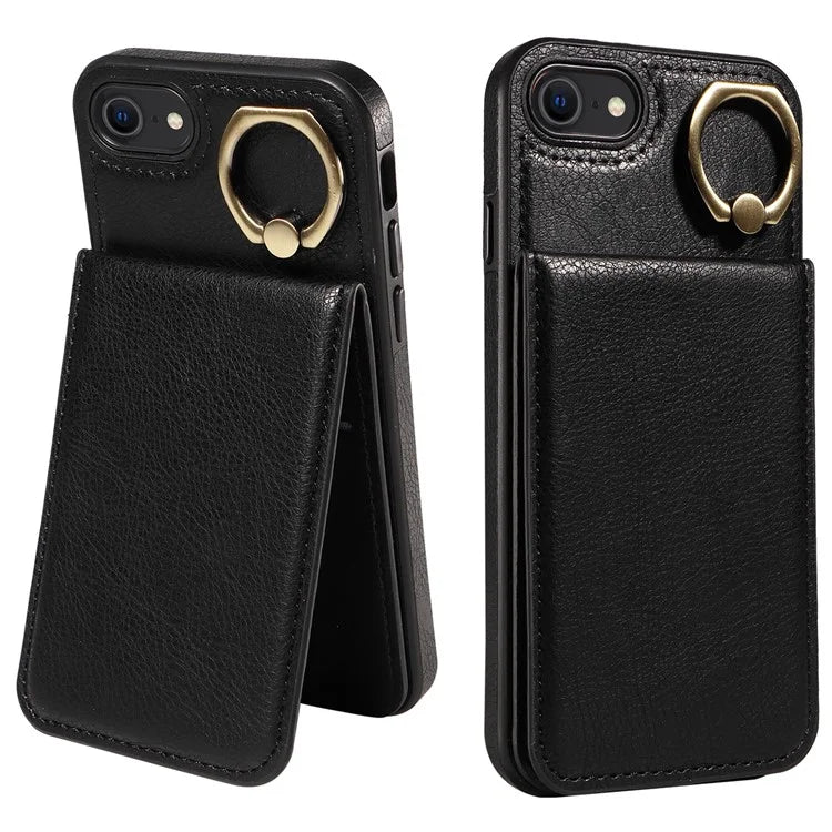 004 For iPhone SE (2022) / SE (2020) / iPhone 8 / 7 Case Leather+TPU Phone Cover with Card Holder and Ring Kickstand
