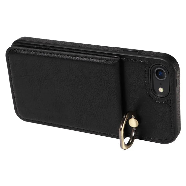 004 For iPhone SE (2022) / SE (2020) / iPhone 8 / 7 Case Leather+TPU Phone Cover with Card Holder and Ring Kickstand