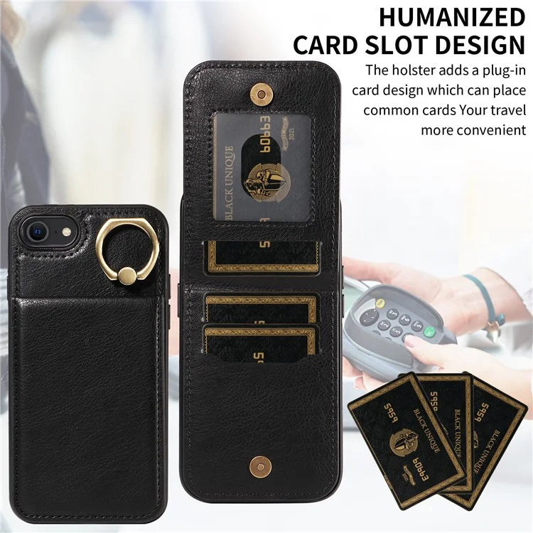 004 For iPhone SE (2022) / SE (2020) / iPhone 8 / 7 Case Leather+TPU Phone Cover with Card Holder and Ring Kickstand