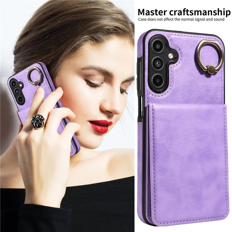 004 For Samsung Galaxy A15 5G Case Leather Litchi Texture Back Phone Cover Rotation Ring Holder