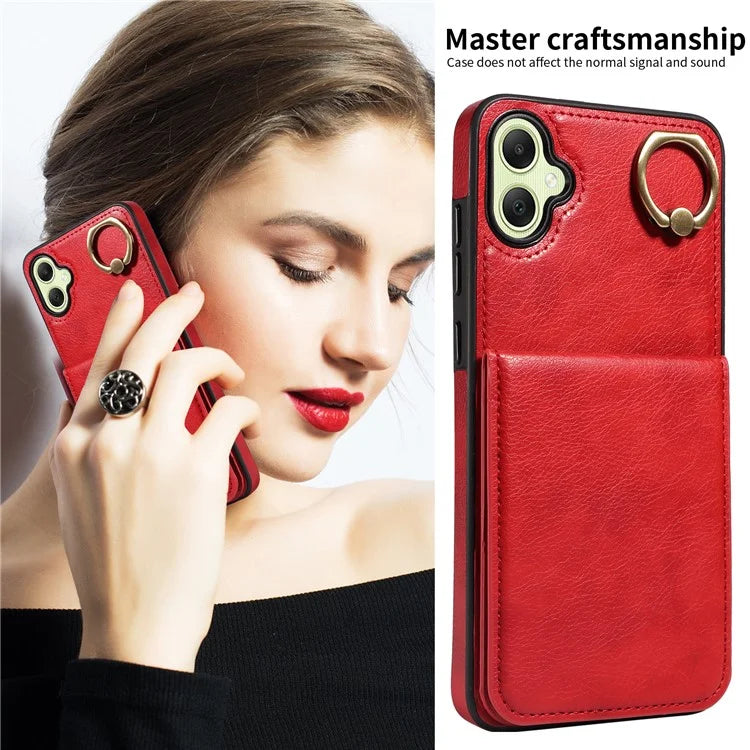 004 For Samsung Galaxy A05 4G Case Leather Coated TPU Phone Cover Kickstand Ring Holder
