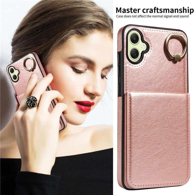 004 For Samsung Galaxy A05 4G Case Leather Coated TPU Phone Cover Kickstand Ring Holder