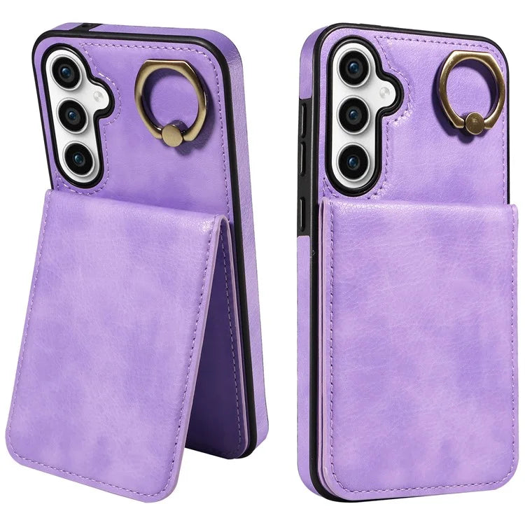 004 For Samsung Galaxy S23 FE Case Finger Grip Ring PU Leather Back Cover Card Holder