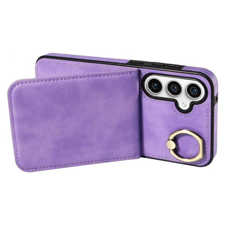 004 For Samsung Galaxy S23 FE Case Finger Grip Ring PU Leather Back Cover Card Holder