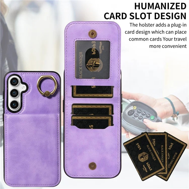 004 For Samsung Galaxy S23 FE Case Finger Grip Ring PU Leather Back Cover Card Holder
