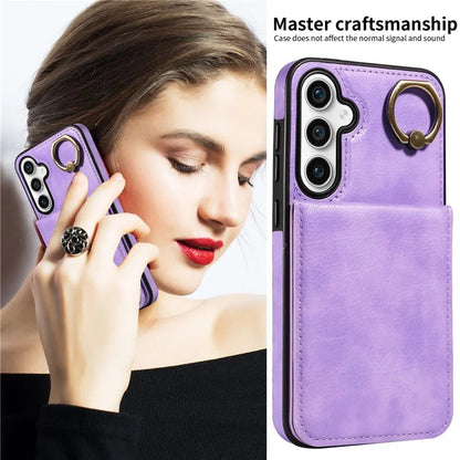 004 For Samsung Galaxy S23 FE Case Finger Grip Ring PU Leather Back Cover Card Holder