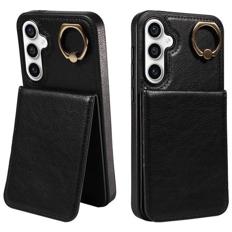 004 For Samsung Galaxy S23 FE Case Finger Grip Ring PU Leather Back Cover Card Holder