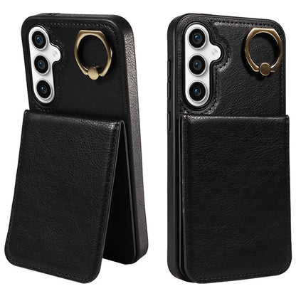 004 For Samsung Galaxy S23 FE Case Finger Grip Ring PU Leather Back Cover Card Holder