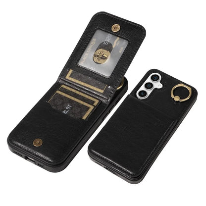 004 For Samsung Galaxy S23 FE Case Finger Grip Ring PU Leather Back Cover Card Holder