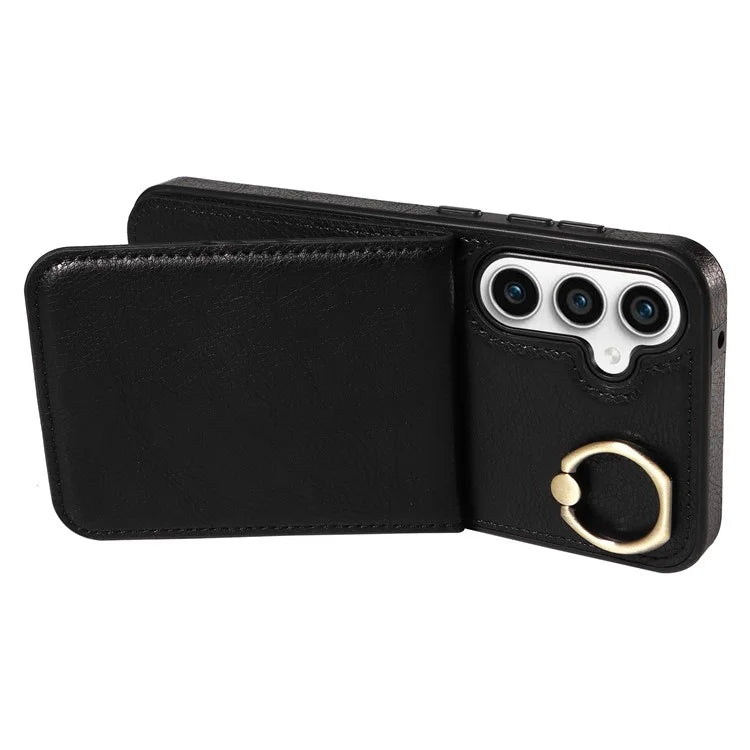 004 For Samsung Galaxy S23 FE Case Finger Grip Ring PU Leather Back Cover Card Holder