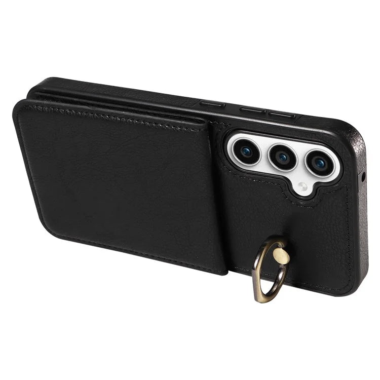 004 For Samsung Galaxy S23 FE Case Finger Grip Ring PU Leather Back Cover Card Holder