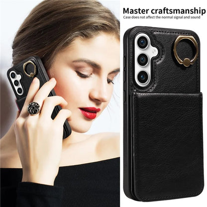 004 For Samsung Galaxy S23 FE Case Finger Grip Ring PU Leather Back Cover Card Holder