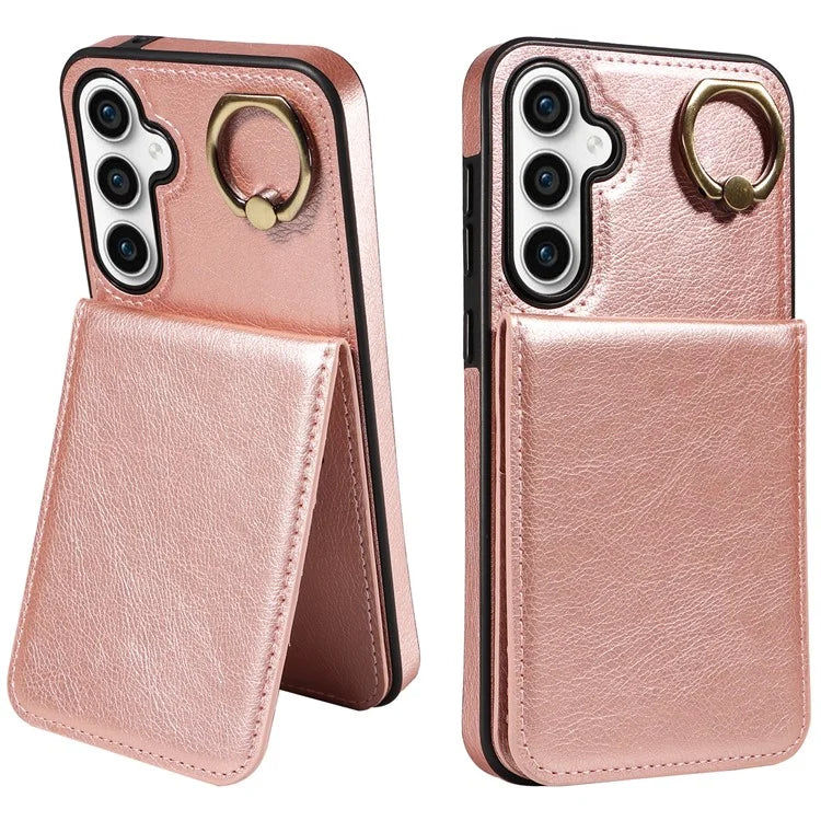 004 For Samsung Galaxy S23 FE Case Finger Grip Ring PU Leather Back Cover Card Holder