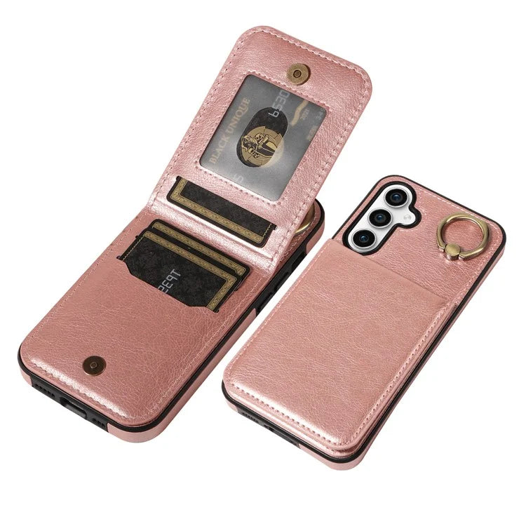 004 For Samsung Galaxy S23 FE Case Finger Grip Ring PU Leather Back Cover Card Holder