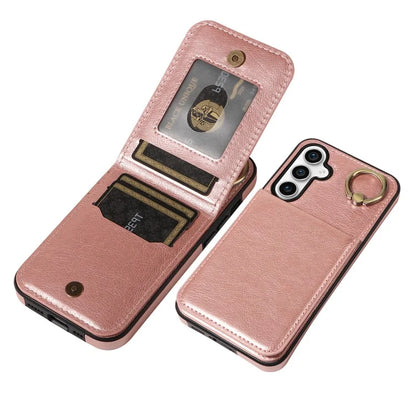 004 For Samsung Galaxy S23 FE Case Finger Grip Ring PU Leather Back Cover Card Holder