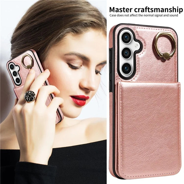 004 For Samsung Galaxy S23 FE Case Finger Grip Ring PU Leather Back Cover Card Holder