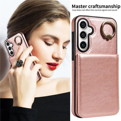 004 For Samsung Galaxy S23 FE Case Finger Grip Ring PU Leather Back Cover Card Holder