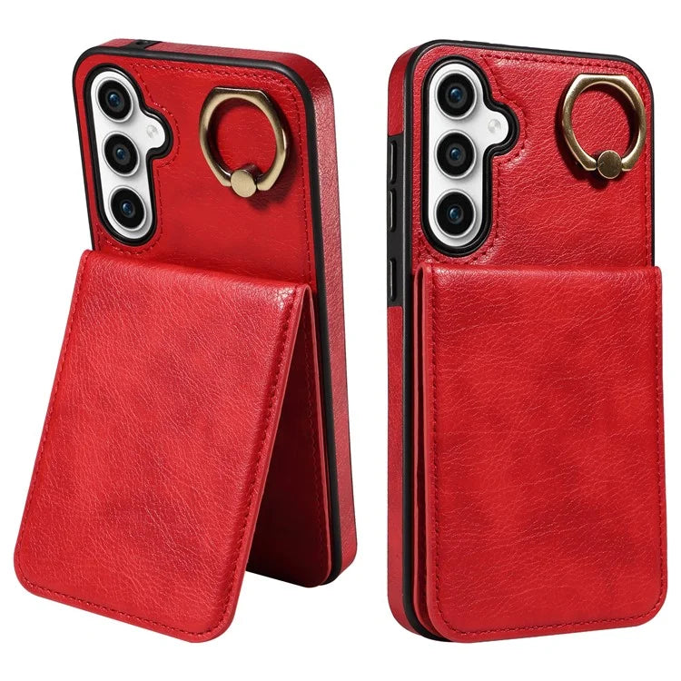 004 For Samsung Galaxy S23 FE Case Finger Grip Ring PU Leather Back Cover Card Holder