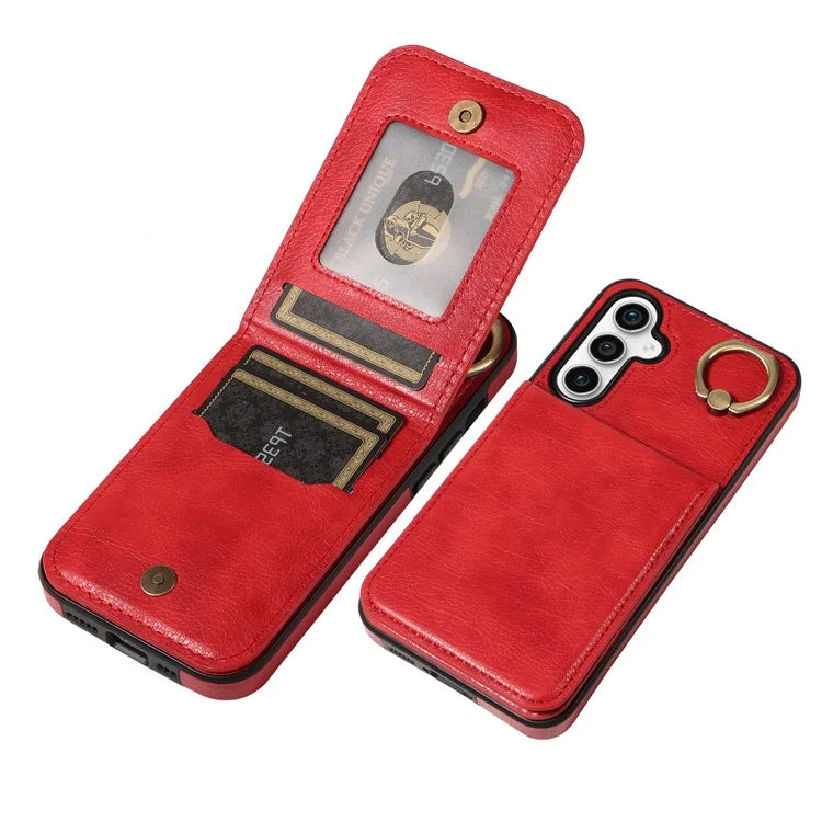 004 For Samsung Galaxy S23 FE Case Finger Grip Ring PU Leather Back Cover Card Holder