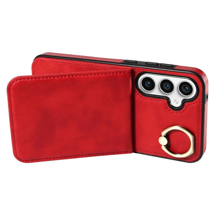 004 For Samsung Galaxy S23 FE Case Finger Grip Ring PU Leather Back Cover Card Holder