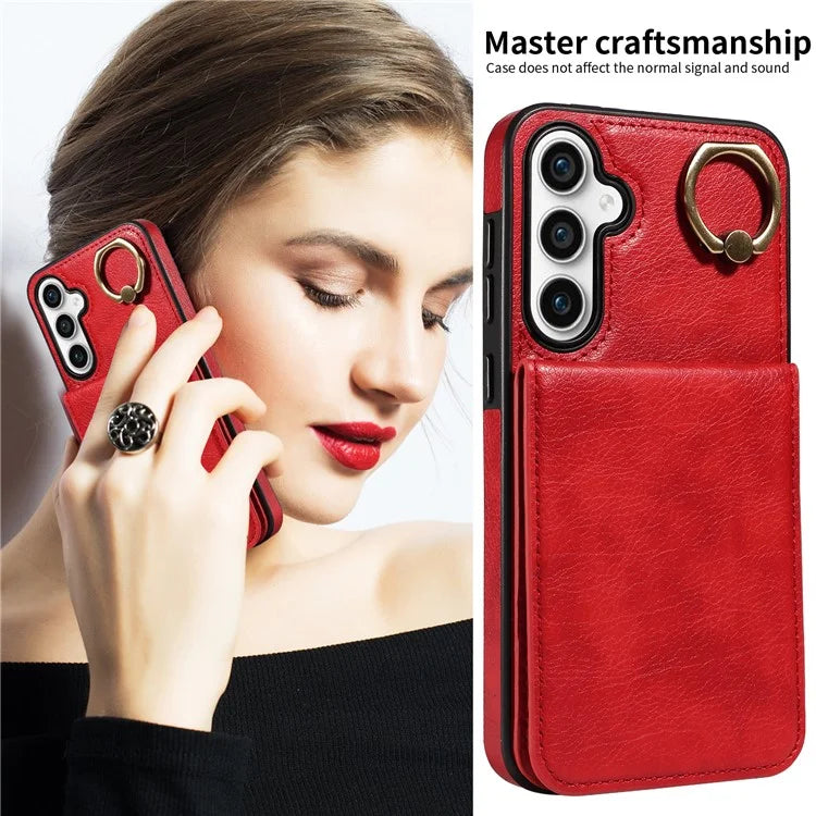 004 For Samsung Galaxy S23 FE Case Finger Grip Ring PU Leather Back Cover Card Holder