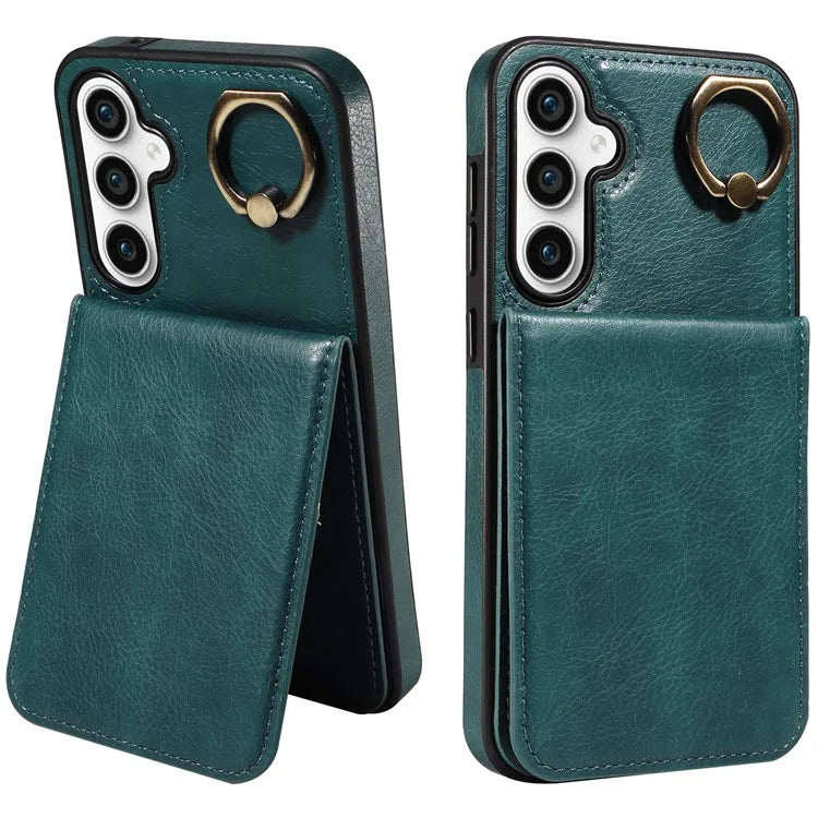 004 For Samsung Galaxy S23 FE Case Finger Grip Ring PU Leather Back Cover Card Holder