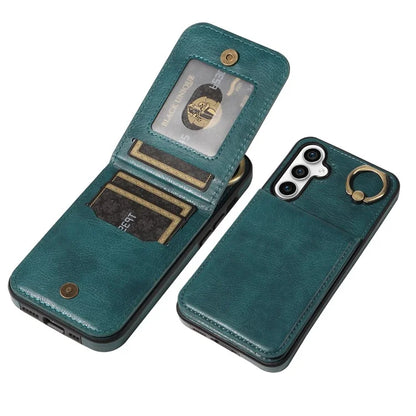 004 For Samsung Galaxy S23 FE Case Finger Grip Ring PU Leather Back Cover Card Holder