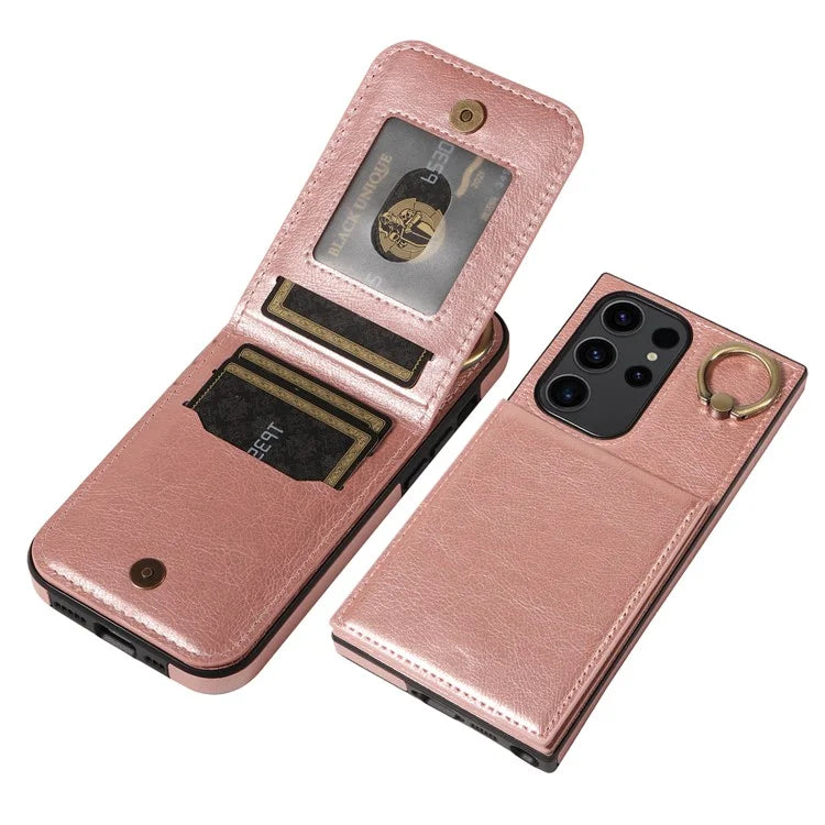 004 For Samsung Galaxy S23 Ultra Case Kickstand Card Holder PU Leather Back Cover Litchi Texture