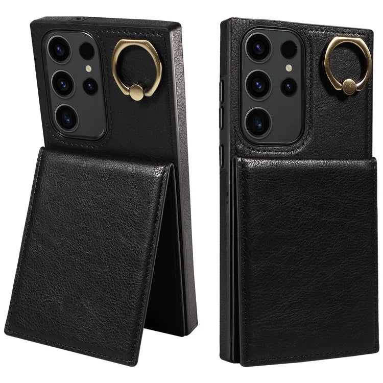 004 For Samsung Galaxy S23 Ultra Case Kickstand Card Holder PU Leather Back Cover Litchi Texture