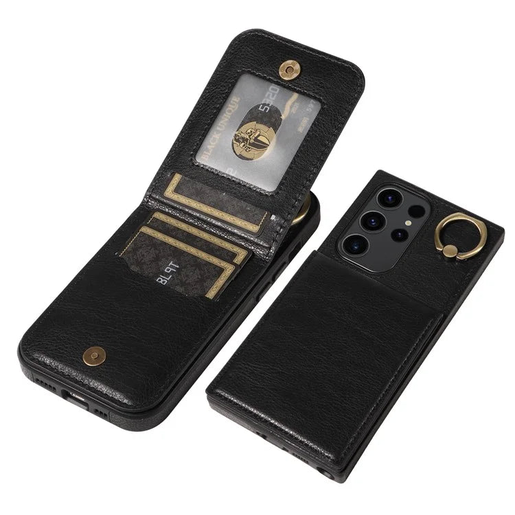 004 For Samsung Galaxy S23 Ultra Case Kickstand Card Holder PU Leather Back Cover Litchi Texture