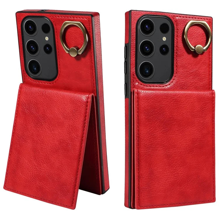 004 For Samsung Galaxy S23 Ultra Case Kickstand Card Holder PU Leather Back Cover Litchi Texture