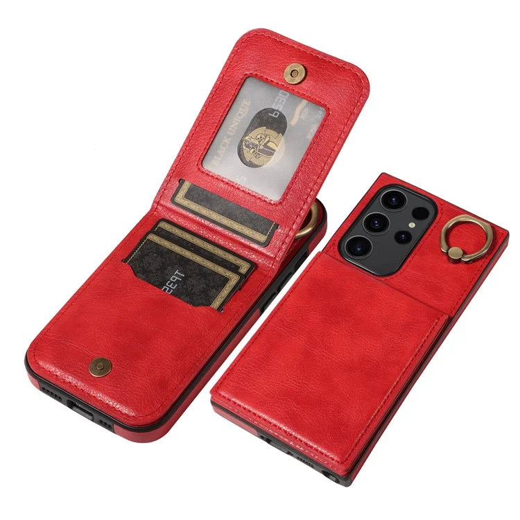 004 For Samsung Galaxy S23 Ultra Case Kickstand Card Holder PU Leather Back Cover Litchi Texture