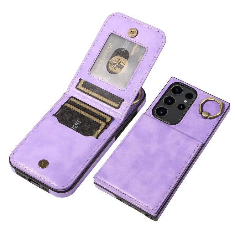 004 For Samsung Galaxy S23 Ultra Case Kickstand Card Holder PU Leather Back Cover Litchi Texture