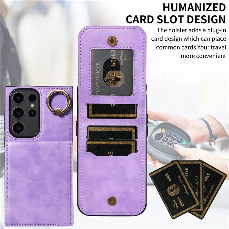 004 For Samsung Galaxy S23 Ultra Case Kickstand Card Holder PU Leather Back Cover Litchi Texture