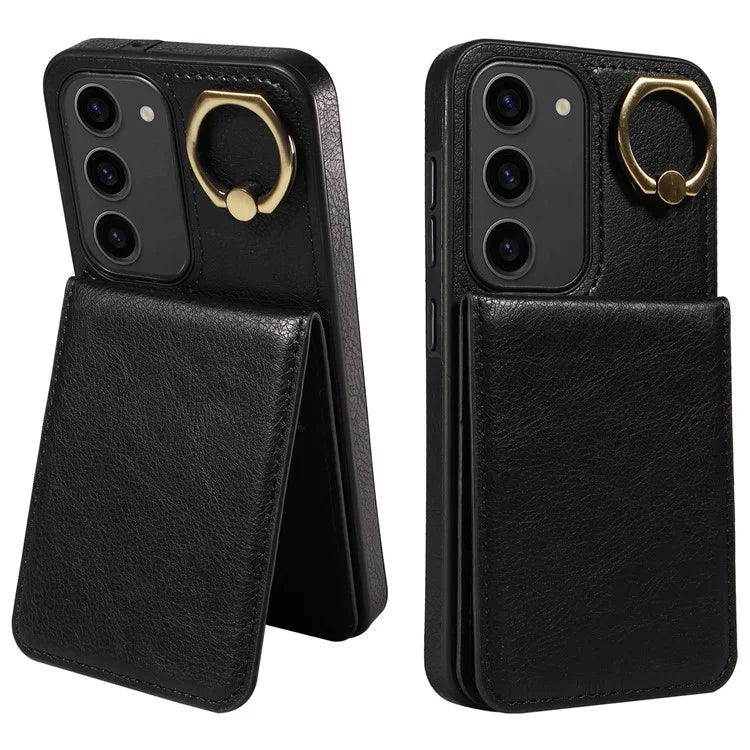 004 For Samsung Galaxy S23 Case with Card Holder PU Leather Protective Cover Rotation Finger Ring