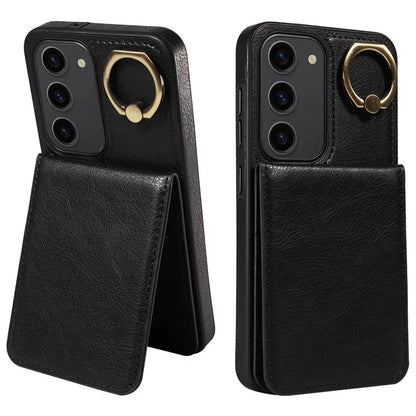 004 For Samsung Galaxy S23 Case with Card Holder PU Leather Protective Cover Rotation Finger Ring
