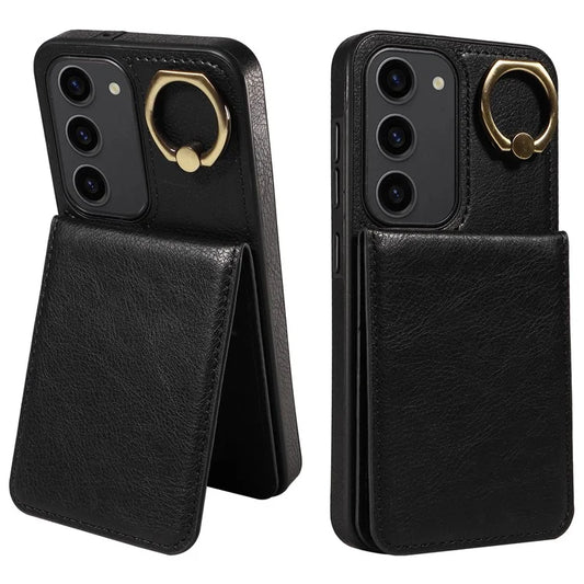 004 For Samsung Galaxy S23 Case with Card Holder PU Leather Protective Cover Rotation Finger Ring