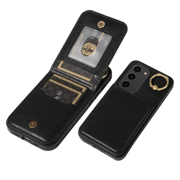 004 For Samsung Galaxy S23 Case with Card Holder PU Leather Protective Cover Rotation Finger Ring