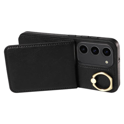 004 For Samsung Galaxy S23 Case with Card Holder PU Leather Protective Cover Rotation Finger Ring