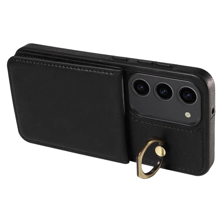 004 For Samsung Galaxy S23 Case with Card Holder PU Leather Protective Cover Rotation Finger Ring