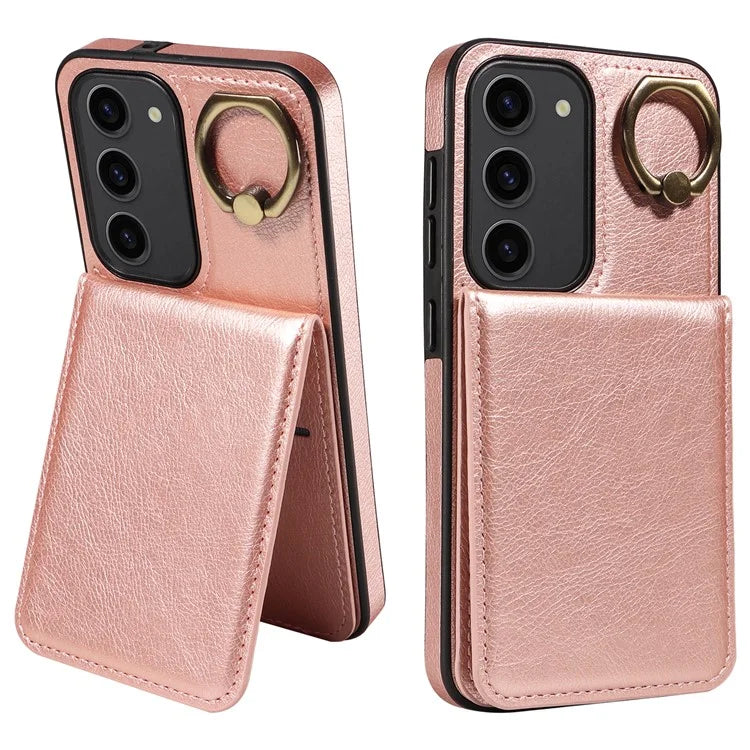 004 For Samsung Galaxy S23 Case with Card Holder PU Leather Protective Cover Rotation Finger Ring